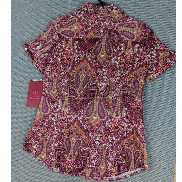 212 Collection Button Up Blouse Womens Extra Small Purple Paisley Stretch Casual - Picture 9 of 15